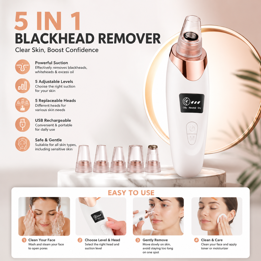 5 in 1 Rechargeable Blackhead Remover Vacuum | USB Electric Pore Cleaner