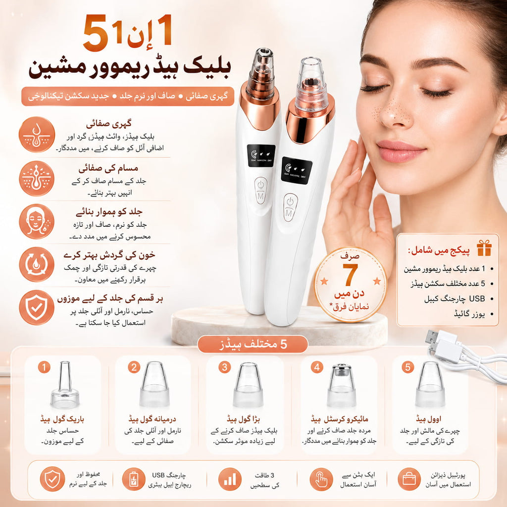 5 in 1 Rechargeable Blackhead Remover Vacuum | USB Electric Pore Cleaner